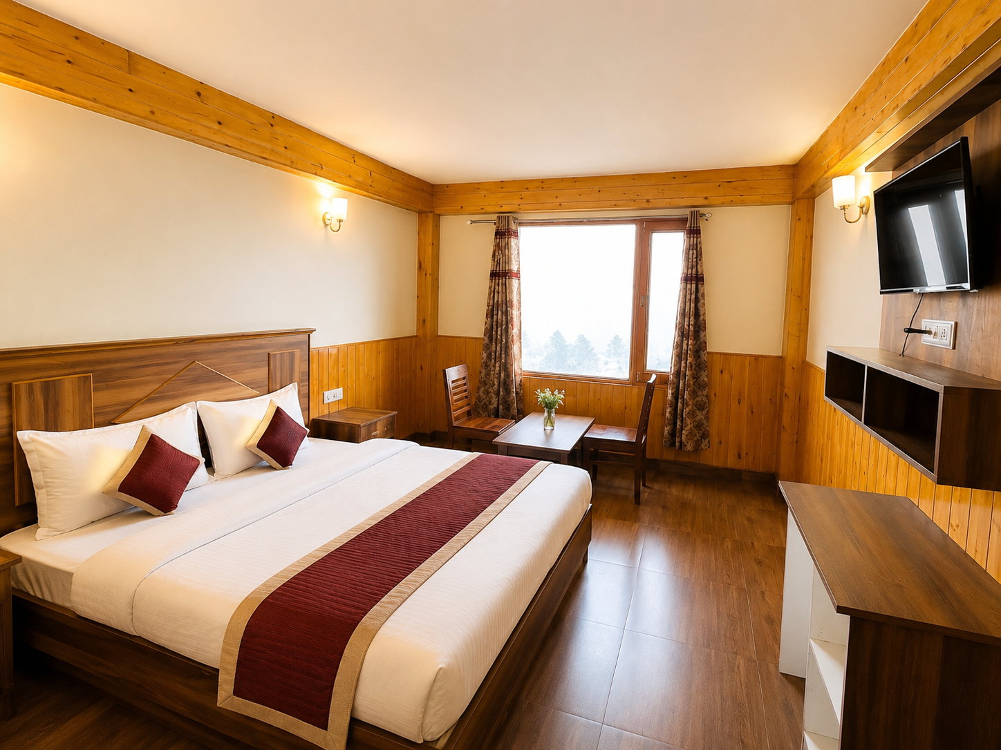 Deluxe room with wall-mounted TV, wooden interiors and valley-facing window