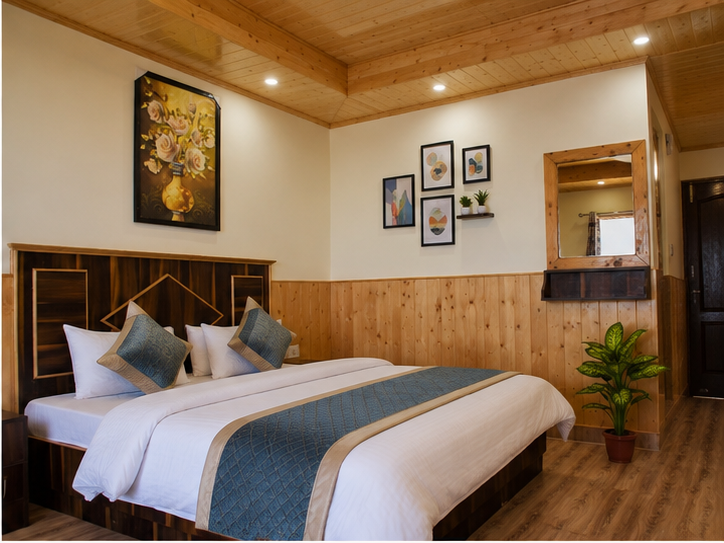 Standard room with twin-style bedding and cedar wood panelling