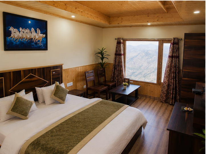 Room with large window opening to the mountain view